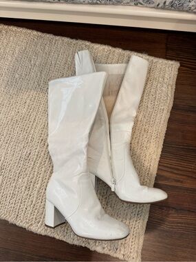Patent White Knee-High Block Heel Boots